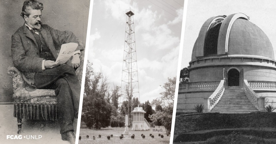 Las imágenes corresponden (a la izq.) a Francisco Beuf , Director de la construcción del Observatorio. En el centro se observa la torre meteorológica y una caseta destinada a tal fin, y a la der., el telescopio reflector con la ranura de su cúpula abierta. 